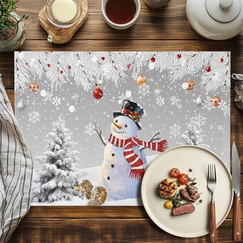 Snowman Placemats Set of 4, Grey Merry Christmas Tree Red Balls Squirrel Heat Resistant Washable Table Place Mats Winter Cotton Table Linens Party Holiday Decor for Kitchen Dining Outdoor Indoor