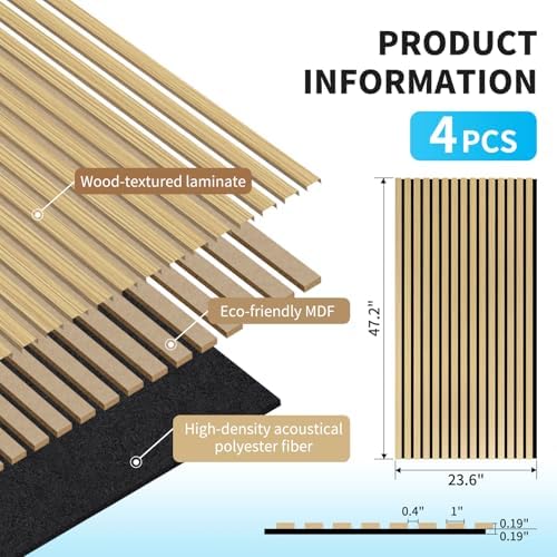 Art3d 47 x 23.6 Inch Acoustic Wood Slat Design Wall Panels, 4-Pack, Oak
