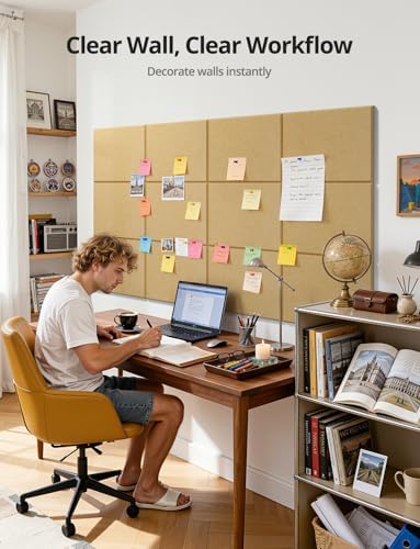 Kuchoow Large Felt Bulletin Cork Board Self-Adhesive Brown Pin Wall Tiles, 48'' x 36'' Rectangular Vision Tack Panels for Classroom Office Display 12 Pack Corkboard for Kitchen Bedroom Home Decor