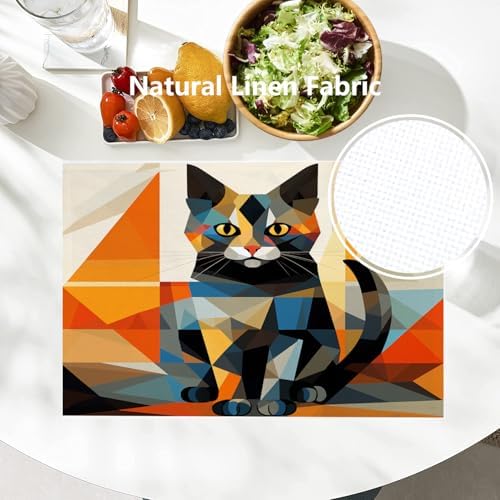 Batmerry Geometric Cat Linen Placemats Set of 4, Colorful Triangular Art Washable Table Mats for Kitchen Table Thickened Heat Insulation Dining Set Indoor Outdoor 12X18 in