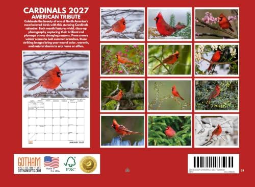 JJ Audubon Tribute Cardinal Calendar 2027 Cardinals Monthly Wall Calender 12 Month