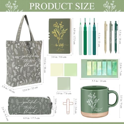 Reallnaive 25 Pcs Bible Study Kit for Women, Christian Gift with Notebook Mug Tote Bag Pouch Pen Highlighters Bible Journaling Supplies for Teen Girl, Teacher, Back to School, Church, Green