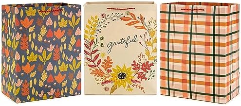 Hallmark 13" Large Fall Gift Bag Bundle (3 Bags: Orange and Tan Plaid, Leaves, Grateful Wreath) for Thanksgiving, Friendsgiving, Boss's Day, Clergy Appreciation, Grandparents Day