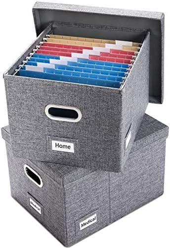 PRANDOM File Organizer Box - Set of 2 Collapsible Decorative Linen Filing Storage Hanging File Folders with Lids Office Cabinet Letter/Legal Size Grey (17x14x11.2 inch)