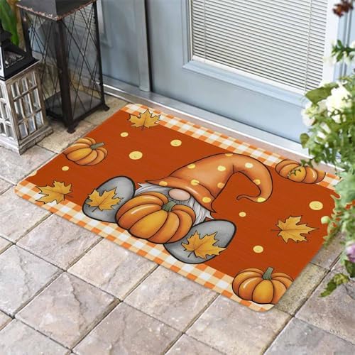 Fall Door Mat Pumpkin Gnome Doormat Maple Leaf Orange Buffalo Plaid Harvest Thanksgiving Welcome Mat Non Slip Rubber Entryway Front Rug Floor Mat for Indoor Outdoor Kitchen Autumn Holiday Decor 16x24