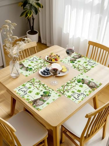 Lucky Cat St. Patrick's Day Placemats Set of 4, Green Spring Shamrocks Tree Heat Resistant Washable Dining Table Mats Spring Holiday Farmhouse Decor for Kitchen&Table Linens Outdoor Indoor,