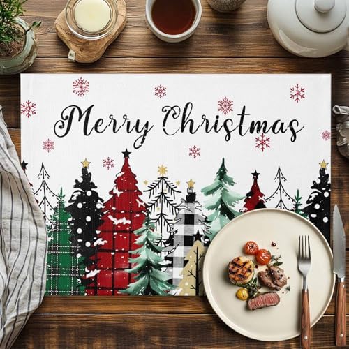 Merry Christmas Placemats Set of 4, Red Green Plaid Pine Tree Heat Resistant Washable Table Place Mats White Snowy Forest Winter Table Linens Party Holiday Decor for Kitchen Dining Outdoor Indoor