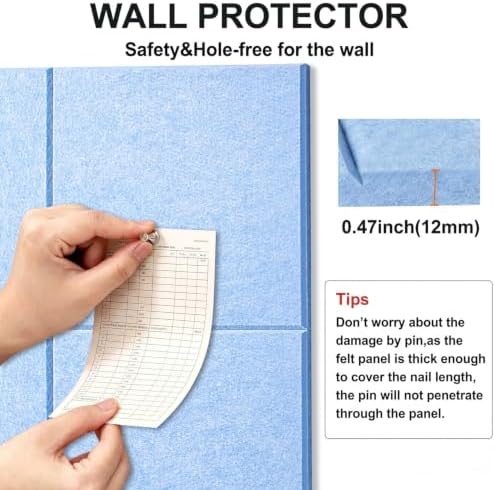 0.47" Thick Felt Pin Board 36"x24" Large Cork Board Alternative 6 Pack 11.81"x11.81"Felt Bulletin Board Wall Tiles Notice Board with 30 Pushpins for Home Office School(Light Blue&White)