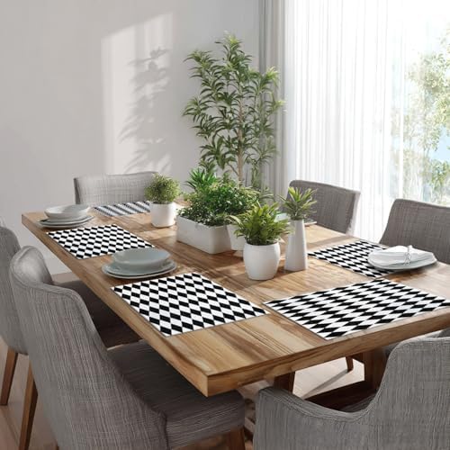 Batmerry Black White Diamond Placemats,Abstract Black White Harlequin Washable Linen Table Mats for Kitchen Table Double Insulation Decor Dining Set Indoor Outdoor 12X18 in Set of 4