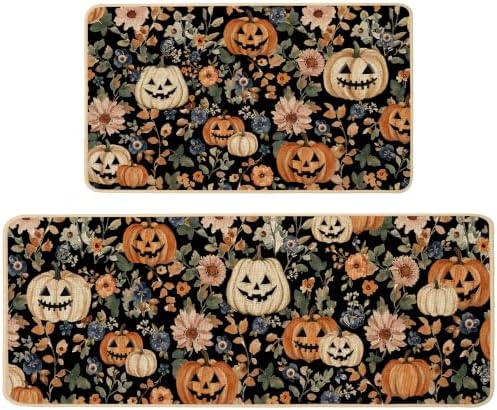 Baccessor Halloween Kitchen Rugs Set of 2, Spooky Pumpkin Floral Black Kitchen Mats Low-Profile Non Slip Washable Rugs for Floor Home Decor 17x29 and 17x47 Inch