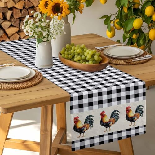 Farm Animals Chicken Table Runner Dresser Scarf 13 x 120 Inch Black White Buffalo Plaid Linen Table Runners Non-Slip Heat Resistant Kitchen Dining Table Decor for Home Holidays Indoor Outdoor