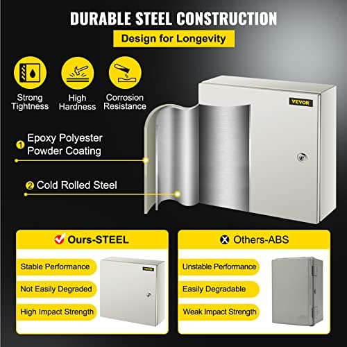 VEVOR NEMA Steel Enclosure, 16 x 16 x 6'' NEMA 4X Steel Electrical Box, IP66 Waterproof & Dustproof, Outdoor/Indoor Electrical Junction Box, with Mounting Plate