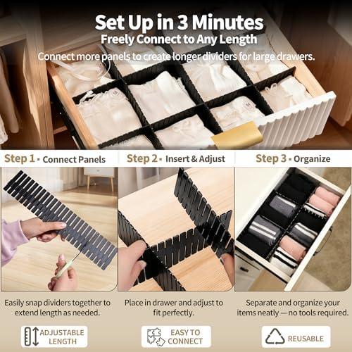 Adjustable Drawer Dividers, Cut-to-Fit DIY Organizers, Black, 8 Pack
