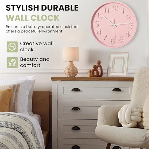 Clockswise 12-Inch Modern Minimalist Round Plastic Wall Clock Pink Dial with Bold Arabic Numerals Analog Display Step Movement Easy-to-Read Timepiece for Living Room Kitchen Office Bedroom Wall Decor