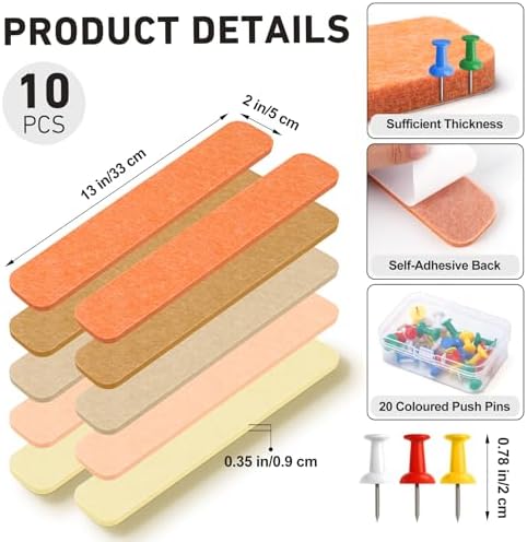 HAUTOCO Felt Bulletin Strips 10 Pack, 13" x 2" Self Adhesive Pin Board Set with 20 Push Pins, Peel and Stick Memo Board for Photos, Notes & Wall Decor, Bulk Wall Organizer for Dorm, Bedroom & Office