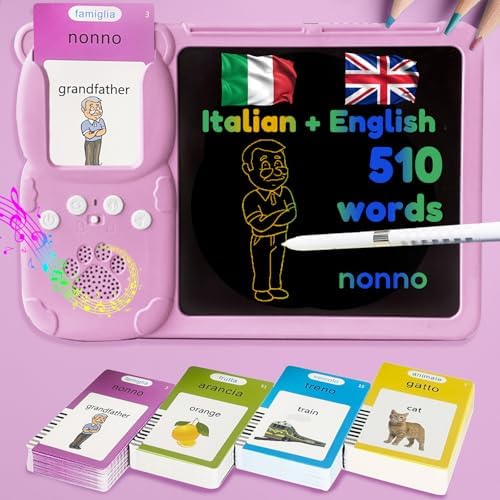 Writing Tablet with Bilingual Flash Cards for Kids, Italian Pink