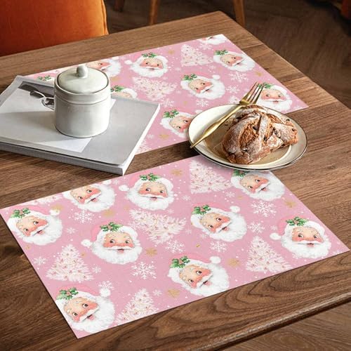 Pink Christmas Placemats Set of 4, Santa Claus Merry Christmas Tree Heat Resistant Washable Table Place Mats Winter Snowflake Cotton Table Linens Party Holiday Decor for Kitchen Dining Outdoor Indoor