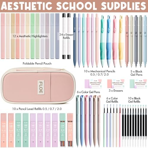 65PCS Aesthetic School Supplies Back to School Supplies Cute Stationary Set | College Essentials Kit with Pencil Case, Pastel Highlighters Gel Pens Mechanical Pencil Set 0.5 0.7 & 2.0mm for Student Girls