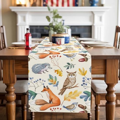 Fall Table Runner Autumn Animal Table Runners Harvest Thanksgiving Owl Bird Fox Leaves Cotton Linen Dresser Scarf Kitchen Dining Table Decor for Autumn Holiday Party Coffee 13x60 Inch