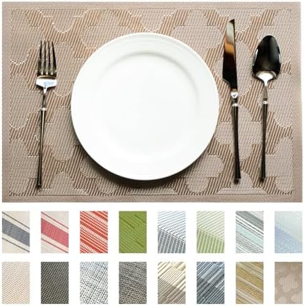 Placemats Set of 12 Vinyl/Plastic Woven Place Mats for Kitchen Table Indoor/Outdoor Washable Placemat Wipeable Dining Table Mats (Dark Brown Clover,12)