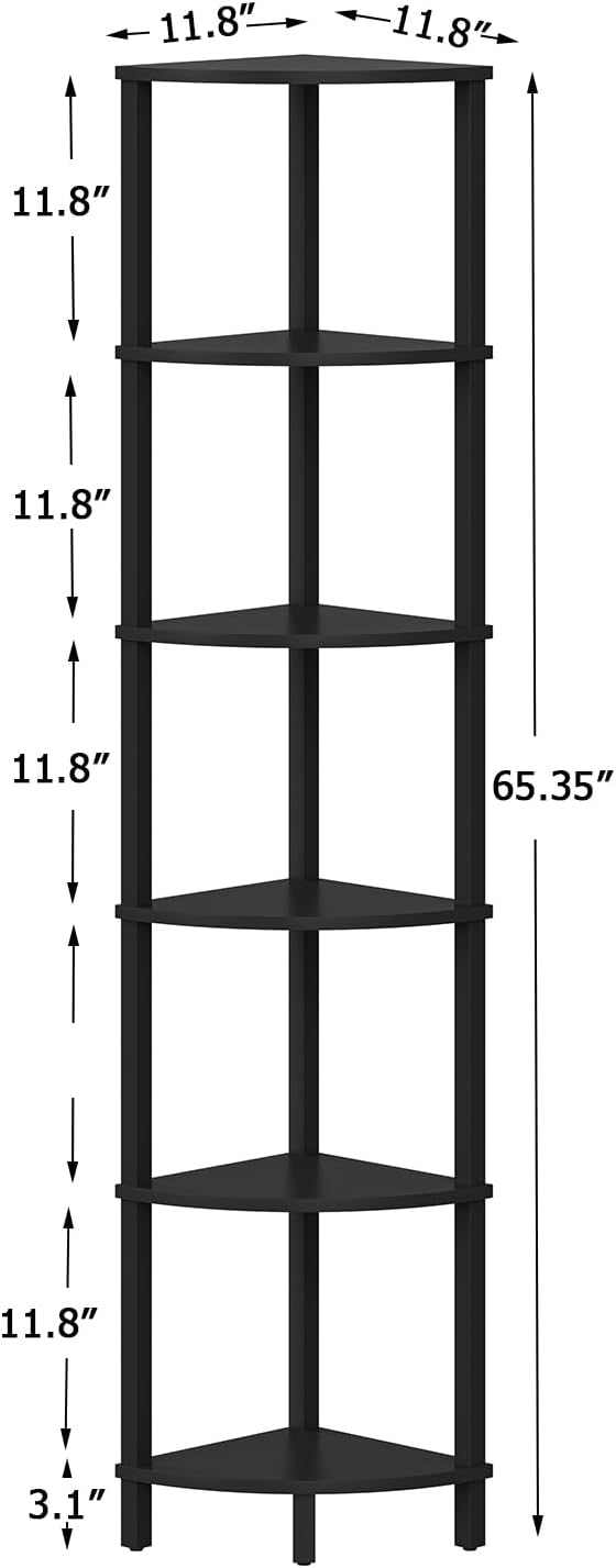 VIMBER Corner Shelf, 6-Tier Corner Bookshelf, Industrial Corner Ladder Shelf, DIY Storage Shelves, Modern Display Shelf for Living Room, Bedroom, Kitchen, Home Office, Black UJSJ004B