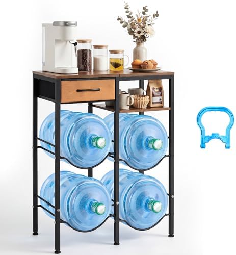 VEVOR 5 Gallon Water Jug Holder, 4-Tier Double Rows 3 or 5 Gallon Water Bottle Holder for 4 Bottles, Heavy Duty Jug Rack Organizer with Storage Shelf, Drawer, Handle for Kitchen, Office, Black+Brown