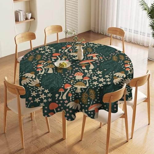 Mushroom Table Cloth, Vintage Woodland Summer Flowers Plants Forest Botanical Leaves Table Cover for Farmhouse Kitchen Dining Room Table Decor, 50x50in