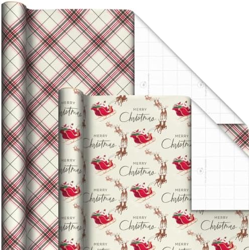 Hallmark Rustic Recyclable Christmas Wrapping Paper (6 Rolls: 180 Sq. Ft. Total) Red, White and Hunter Green Plaid, Poinsettias, Snowflakes, "Merry Christmas," Snowman, Santa