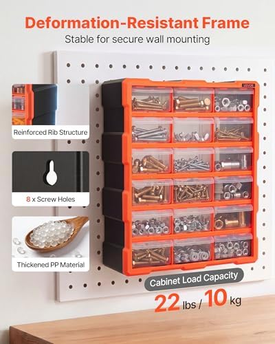 VEVOR 18-Drawer Storage Organizer, Plastic, Drawer Storage Cabinet for Garage Organization, Stackable Small Parts Organizer, Wall-Mounted Toolbox, for Hardware, Beads, Screws, Crafts, Building Bricks