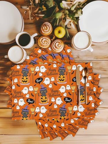 Vandarllin Happy Halloween Boo Placemats Set of 4, Cartoon Pumpkin Spooky Black Cats Ghosts Cotton Linen Stain Resistant Table Mats Washable Placemat Decoration for Kitchen Dining Table,Orange