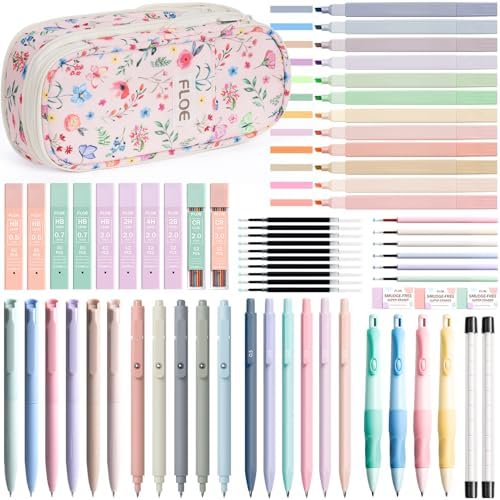 65PCS Aesthetic School Supplies Back to School Supplies Cute Stationary Set | College Essentials Kit with Pencil Case, Pastel Highlighters Gel Pens Mechanical Pencil Set 0.5 0.7 & 2.0mm for Student Girls