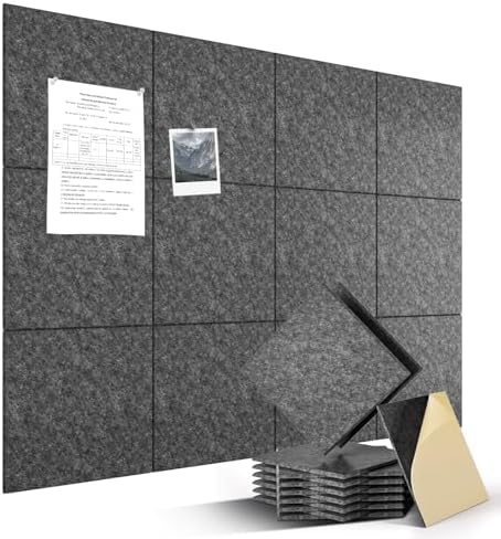 Large Felt Bulletin Board 48" x 36" Self Adhesive Cork Board Alternative 12 Pack Felt Wall Tiles Cork Boards For Walls Thick Slat Wall Panels For Home Office Classroom Decor Pin Board-Black