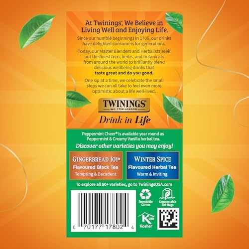 Twinings Peppermint Cheer Holiday Herbal Tea Bags, 20 CT Box (6 Pack)