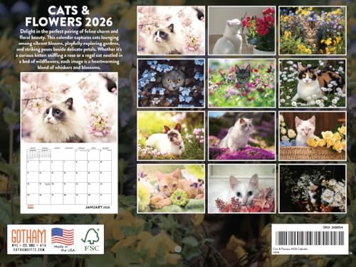 Cats Flowers Calendar 2026 Monthly Wall Calender 12 Month | American Made In The USA