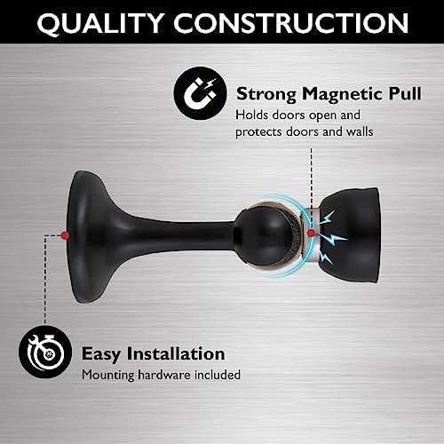 Magnetic Door Stop Wall Protector with Magnetic Tip, Design House Matte Black Steel Door Stoppers, 2-Pack, 189316-MB