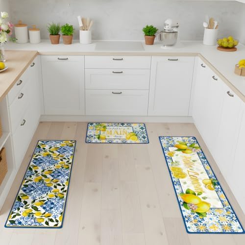 Lemon Kitchen Rugs, Yellow and Blue Lemon Print Kitchen Mats