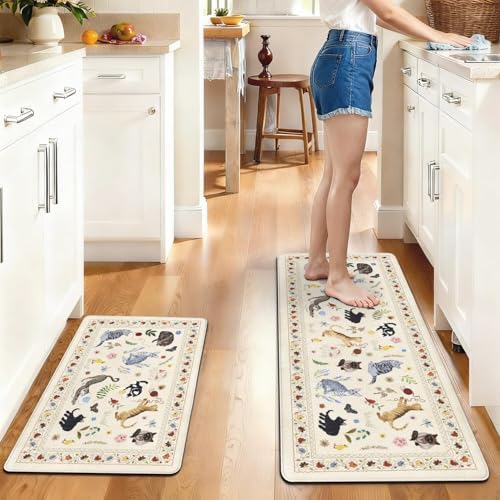 Boho Cushioned Anti Fatigue Mats for Kitchen Floor,Farmhouse Beige Floral Animal Cat Non-Slip Water Resistant Runner Comfort Foam Standing Rugs Non Skid for Home Sink,Office,Laundry 17"x47"+17"x30"