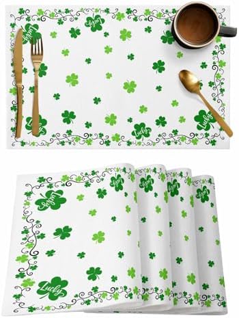 St. Patrick's Day Placemats Set of 6, Green Shamrock Irish Clover Heat Resistant Washable Dining Table Mats Seasonal Spring Holiday Farmhouse Decor for Kitchen&Table Linens Outdoor Indoor