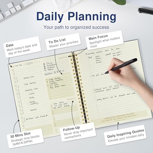 AuroPlanner Undated Daily Planner To Do List Hourly Schedule 2028 2027 2026 Calendar & Holiday Habit Tracker 180 Pages Letter Size 8.5" x 11" Sheets Hardcover Spiral Bound Notebook (Black)