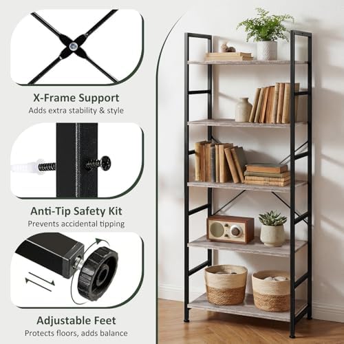 5 Tier Bookshelf, Free Standing Bookcase with Open Storage Shelves