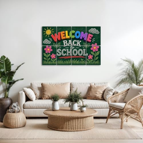 8 Pack Art Acoustic Panels Sound Absorbing Welcome Back to School Chalkboard Art Colorful Letters Floral Details Decorative Soundproof Wall Panels Self Adhesive for Home Recording Studios 48"x32"