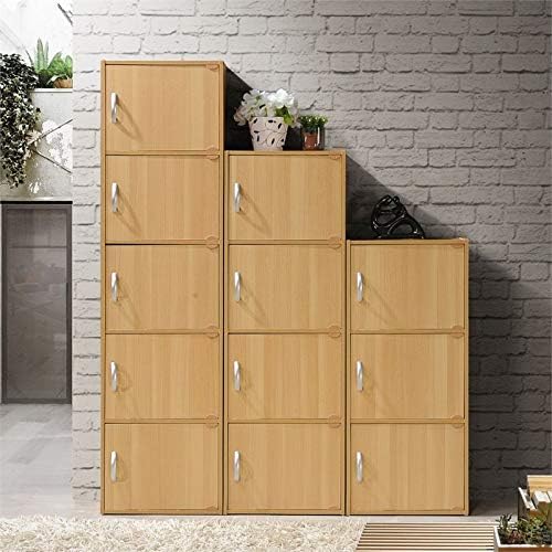 Pemberly Row 4 Shelf 4 Door Bookcase, Beech Finish, 47.4 in H x 15.91 in W x 11.75 in D, Slim Multi-Purpose Storage Unit for Office, Bedroom, Living Room, Kids Room or Entryway