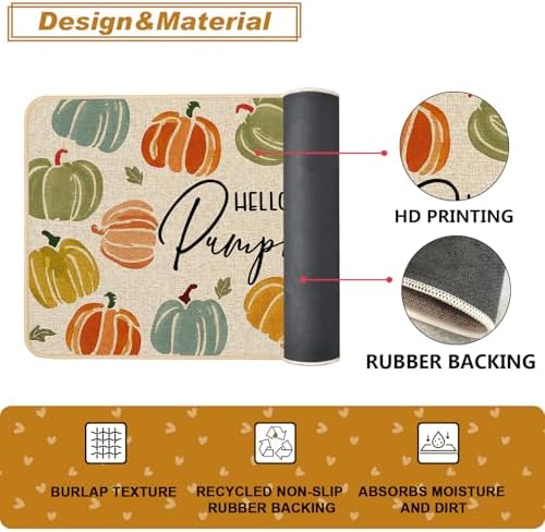 Baccessor Fall Kitchen Rugs Set of 2, Colorful Pumpkins Kitchen Mats for Floor Washable Low-Profile Farmhouse Autumn Holiday Home Indoor Outdoor Decor 17x29 and 17x47 Inch