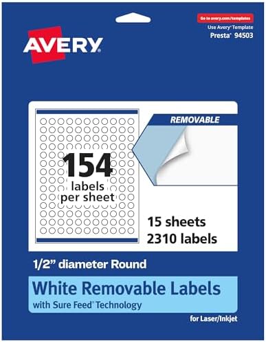 Avery Matte White Removable Round Labels, Sure Feed Technology, Print-to-The-Edge, 0.5" Diameter, 2,310 Removable Labels, Laser/Inkjet Printable