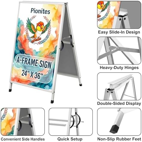 Pionites Heavy Duty Slide-in Folding A Frame Sign Sidewalk Sign 24x 36 Inch Steel Metal Double-Side Pavement sign Corrugated Plastic Poster (2, White, 24''X36''(Frame Only))