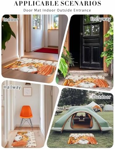Fall Door Mat Harvest Pumpkin Doormat Orange Flower Eucalyptus Leaves Beige Harvest Thanksgiving Welcome Mat Non Slip Entryway Front Rug Floor Mat for Indoor Outdoor Kitchen Autumn Holiday Decor 24x36