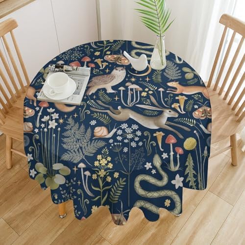 Fairy Forest Tablecloth, Retro Dark Blue Woodland Wildlife Owl Squirrel Print Rustic Flowers Mushrooms Table Cloth for Outdoor Picnic Home Dining Kitchen Table Decor, 50x50in