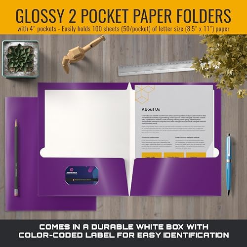 Better Office Products 2 Pocket Glossy Laminated Purple Paper Folders, Letter Size, Purple Paper Portfolios, Box of 25