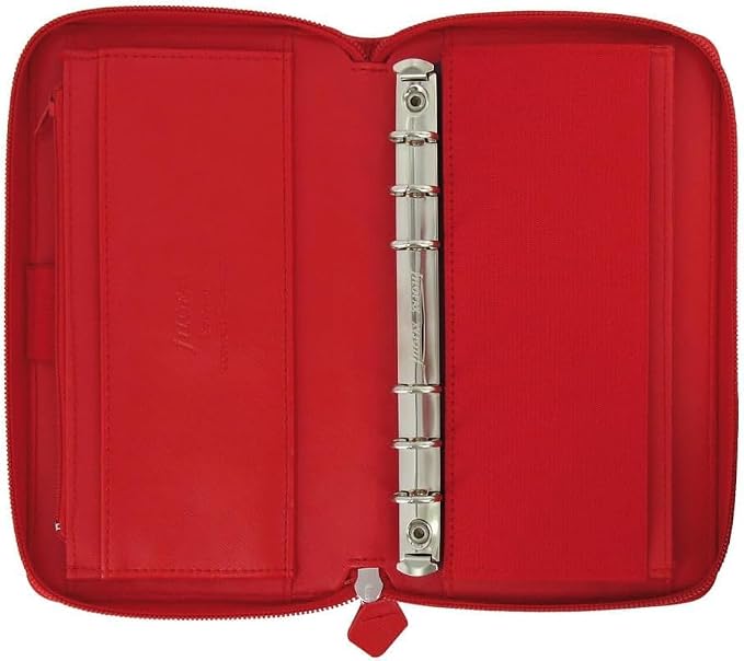 Filofax Saffiano Zip Organizer, Personal Compact Size, Poppy - Cross-Grain, Leather-Look, Six Rings, Two-Weeks-to-View Insert, English (C022534)