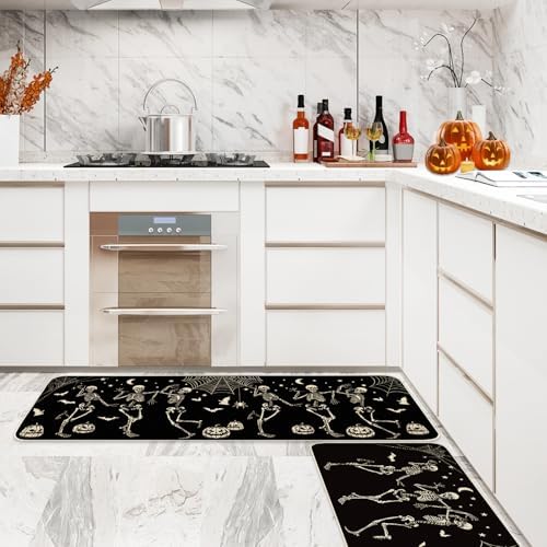 JarThenaAMCS Halloween Skeleton Kitchen Mats Spider Pumpkin Bat Welcome Floor Mat Non-Slip Black Door Rugs for Indoor Outdoor Bathroom, 17 x 29 Inch & 17 x 47 Inch